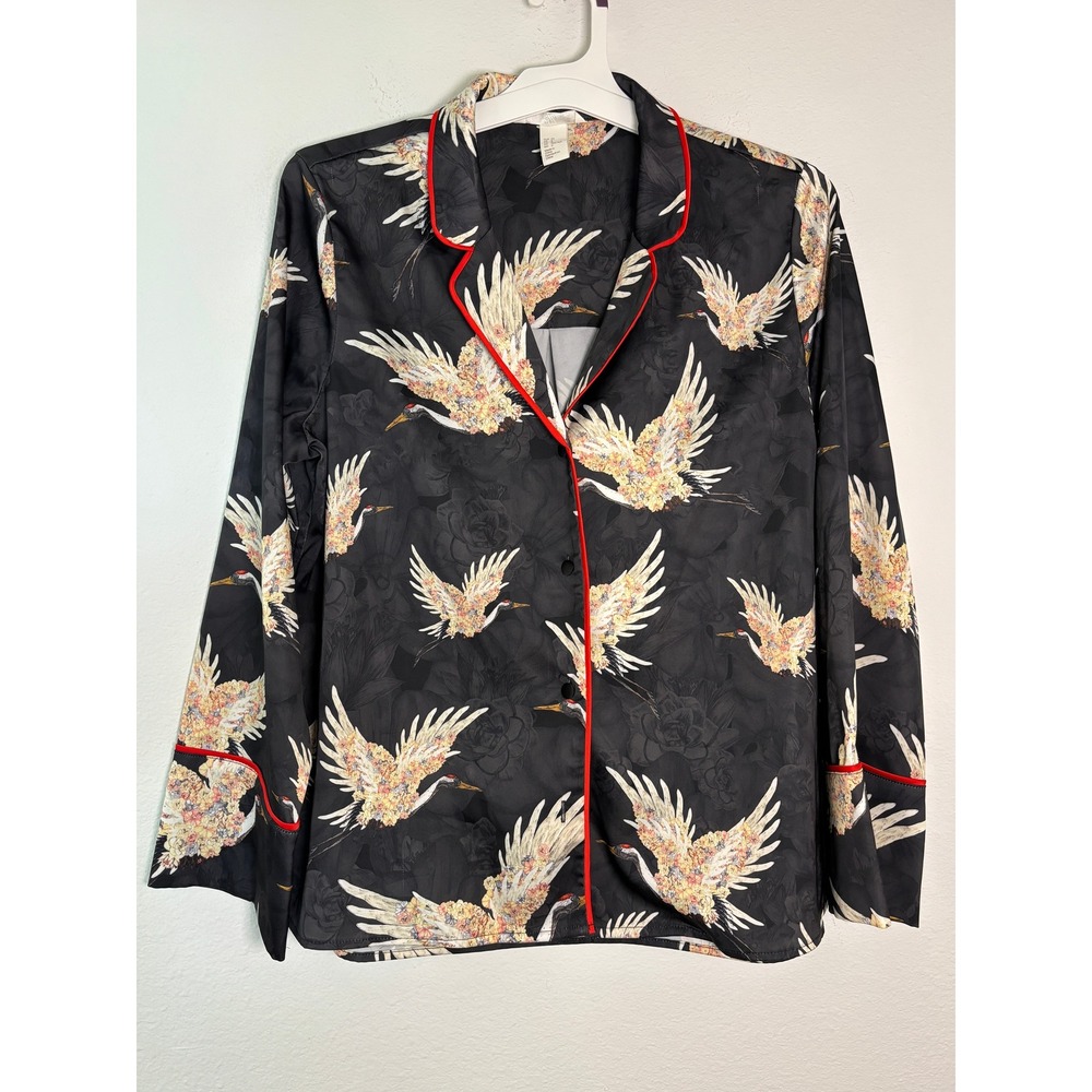 HM Crane Bird Print Satin Pajama Blouse Black Red Piping Size 2 Long Sleeve Top